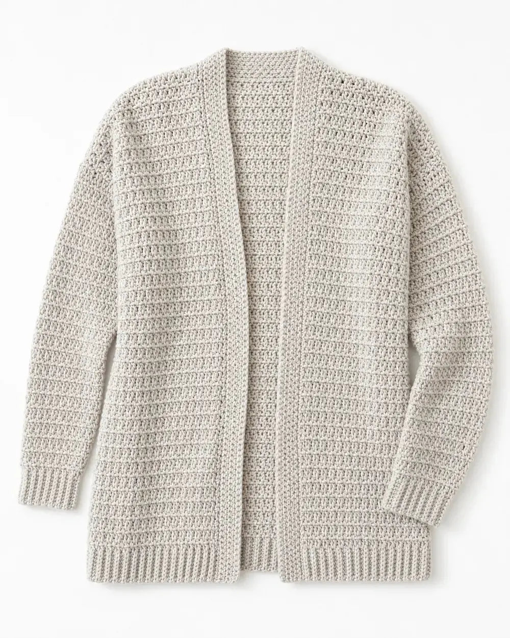 Lightweight grey crochet cardigan, clean product-only flat lay.
