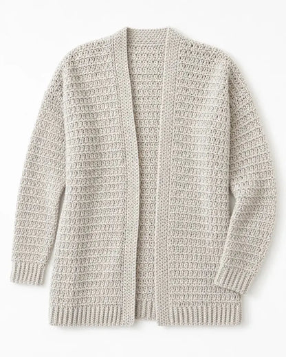 Lightweight grey crochet cardigan, clean product-only flat lay.