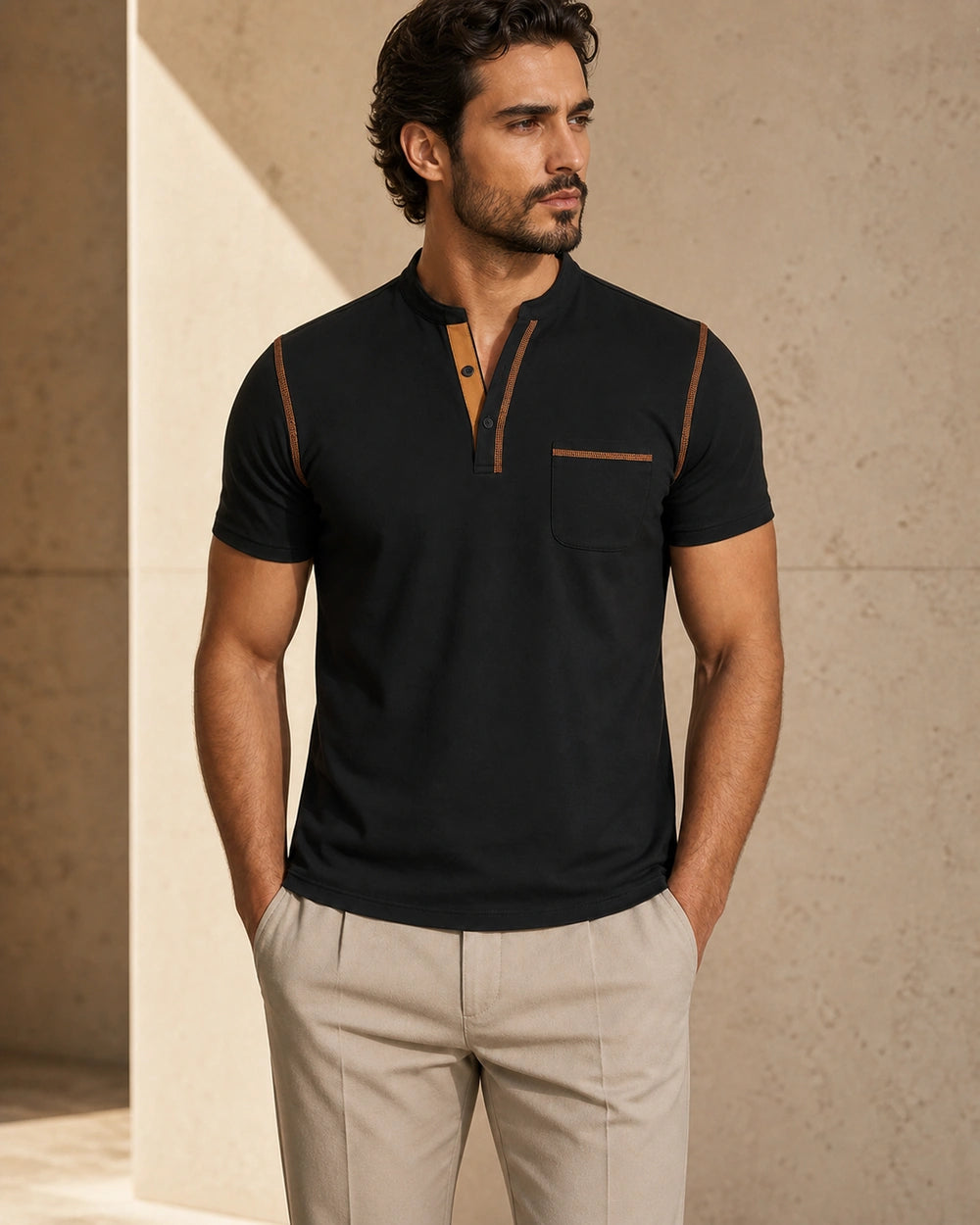 Momount Men Polo Shirt – Band Collar Contrast Trim Chest Pocket — Black — straight front view — momount-men-band-collar-polo-black-02-front-proof.webp