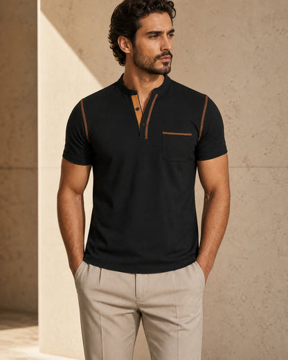Momount Men Polo Shirt – Band Collar Contrast Trim Chest Pocket — Black — straight front view — momount-men-band-collar-polo-black-02-front-proof.webp