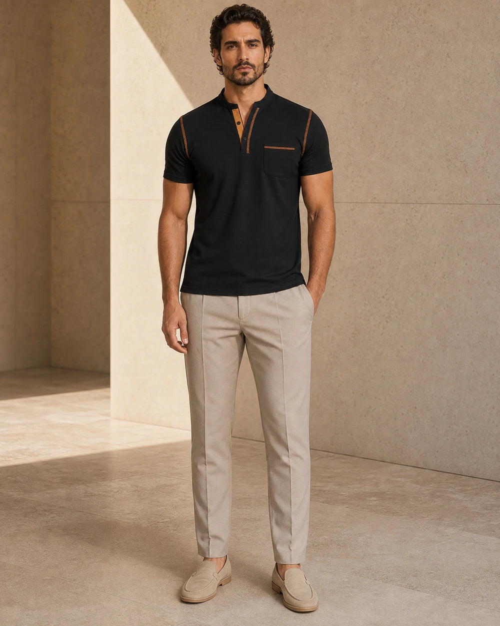 Momount Men Polo Shirt – Band Collar Contrast Trim Chest Pocket — Black — full-body front view — momount-men-band-collar-polo-black-03-full-body.webp