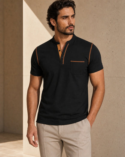 Momount Men Polo Shirt – Band Collar Contrast Trim Chest Pocket — Black — front three-quarter view — momount-men-band-collar-polo-black-04-front-three-quarter.webp