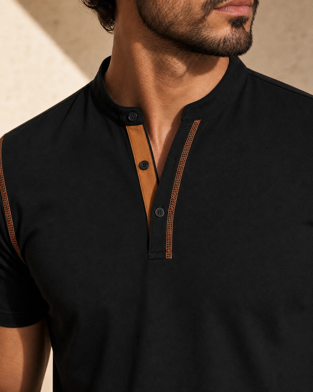 Momount Men Polo Shirt – Band Collar Contrast Trim Chest Pocket — Black — band collar and placket detail — momount-men-band-collar-polo-black-05-collar-detail.webp