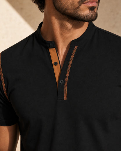 Momount Men Polo Shirt – Band Collar Contrast Trim Chest Pocket — Black — band collar and placket detail — momount-men-band-collar-polo-black-05-collar-detail.webp