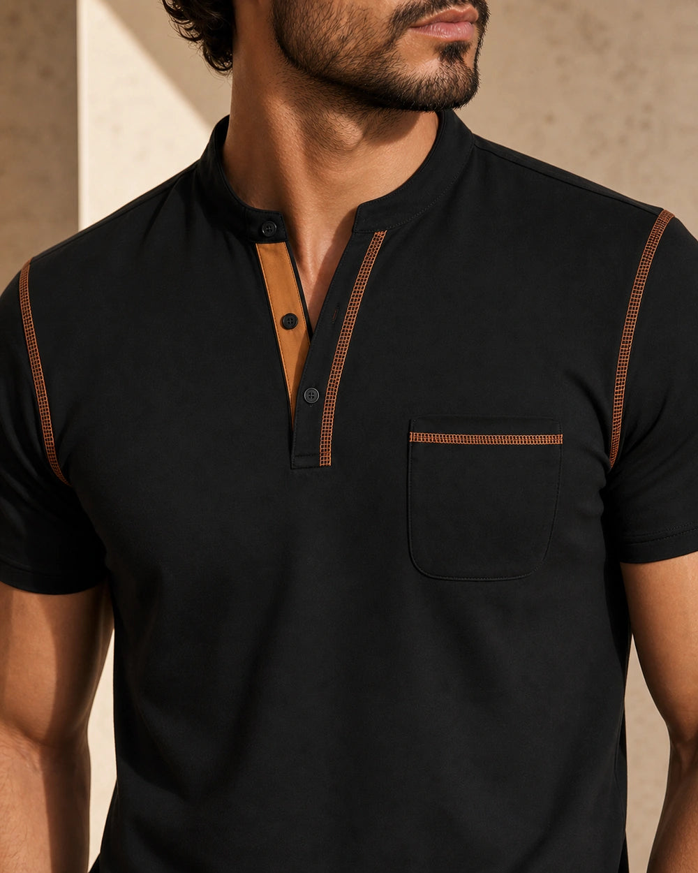 Momount Men Polo Shirt – Band Collar Contrast Trim Chest Pocket — Black — chest pocket and shoulder trim detail — momount-men-band-collar-polo-black-06-pocket-detail.webp