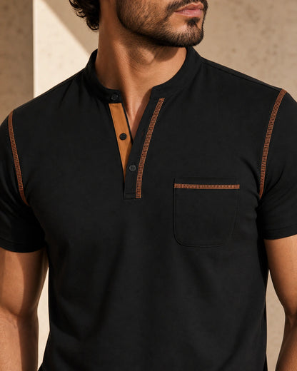 Momount Men Polo Shirt – Band Collar Contrast Trim Chest Pocket — Black — chest pocket and shoulder trim detail — momount-men-band-collar-polo-black-06-pocket-detail.webp