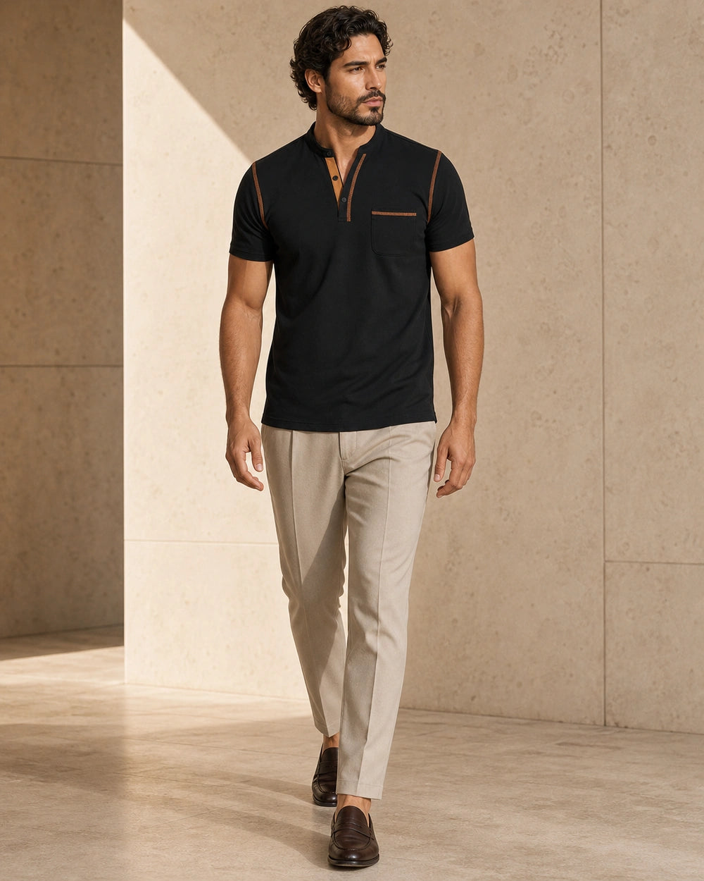 Momount Men Polo Shirt – Band Collar Contrast Trim Chest Pocket — Black — front movement view — momount-men-band-collar-polo-black-07-front-movement.webp