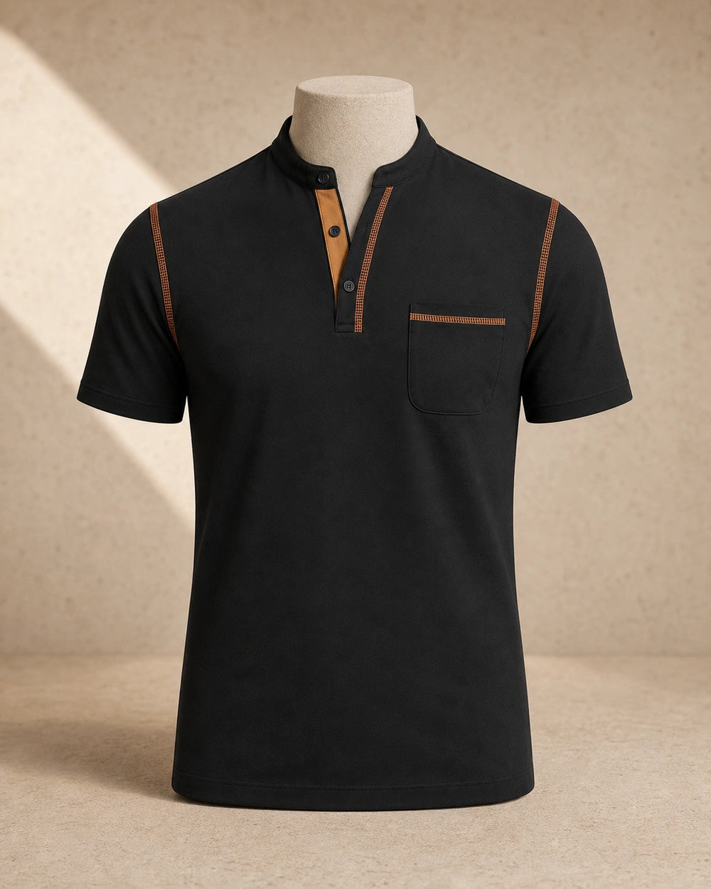 Momount Men Polo Shirt – Band Collar Contrast Trim Chest Pocket — Black — product-only front view — momount-men-band-collar-polo-black-08-product-front.webp