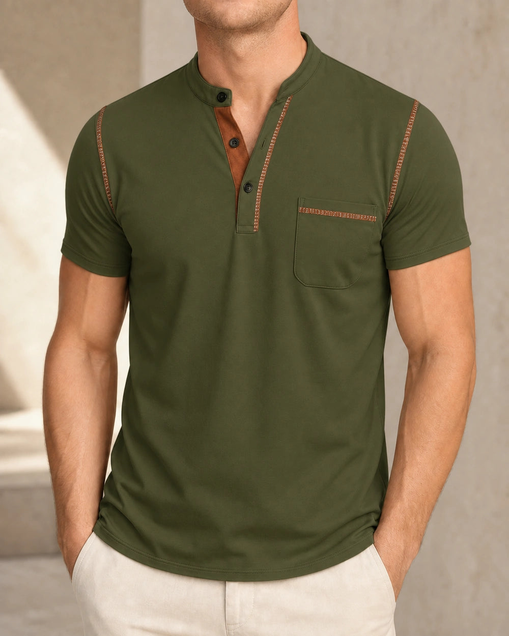Momount Men Polo Shirt – Band Collar Contrast Trim Chest Pocket — Dark Green — front color view — momount-men-band-collar-polo-dark-green-11-variant.webp