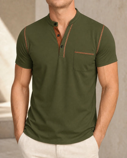 Momount Men Polo Shirt – Band Collar Contrast Trim Chest Pocket — Dark Green — front color view — momount-men-band-collar-polo-dark-green-11-variant.webp