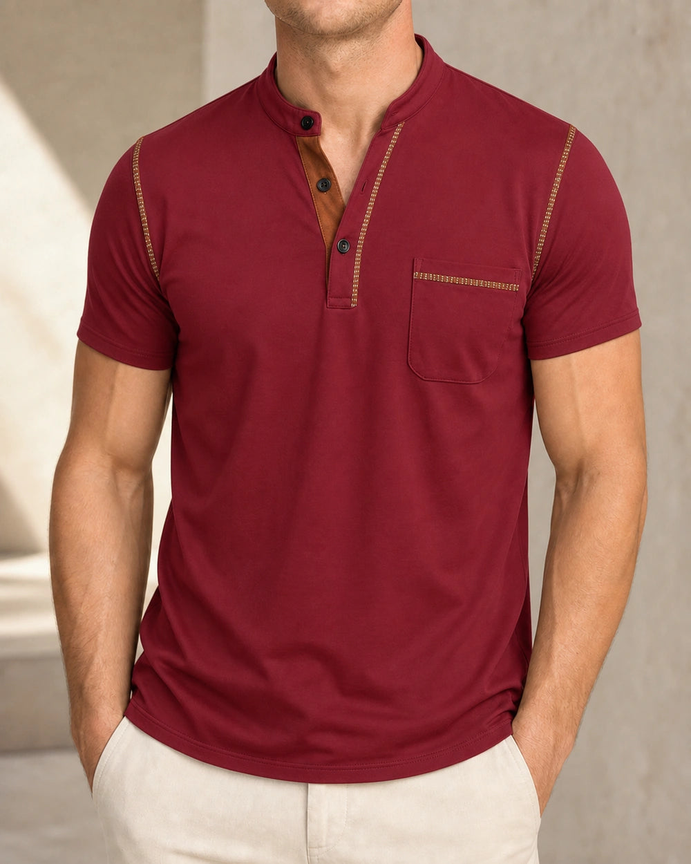Momount Men Polo Shirt – Band Collar Contrast Trim Chest Pocket — Red — front color view — momount-men-band-collar-polo-red-10-variant.webp