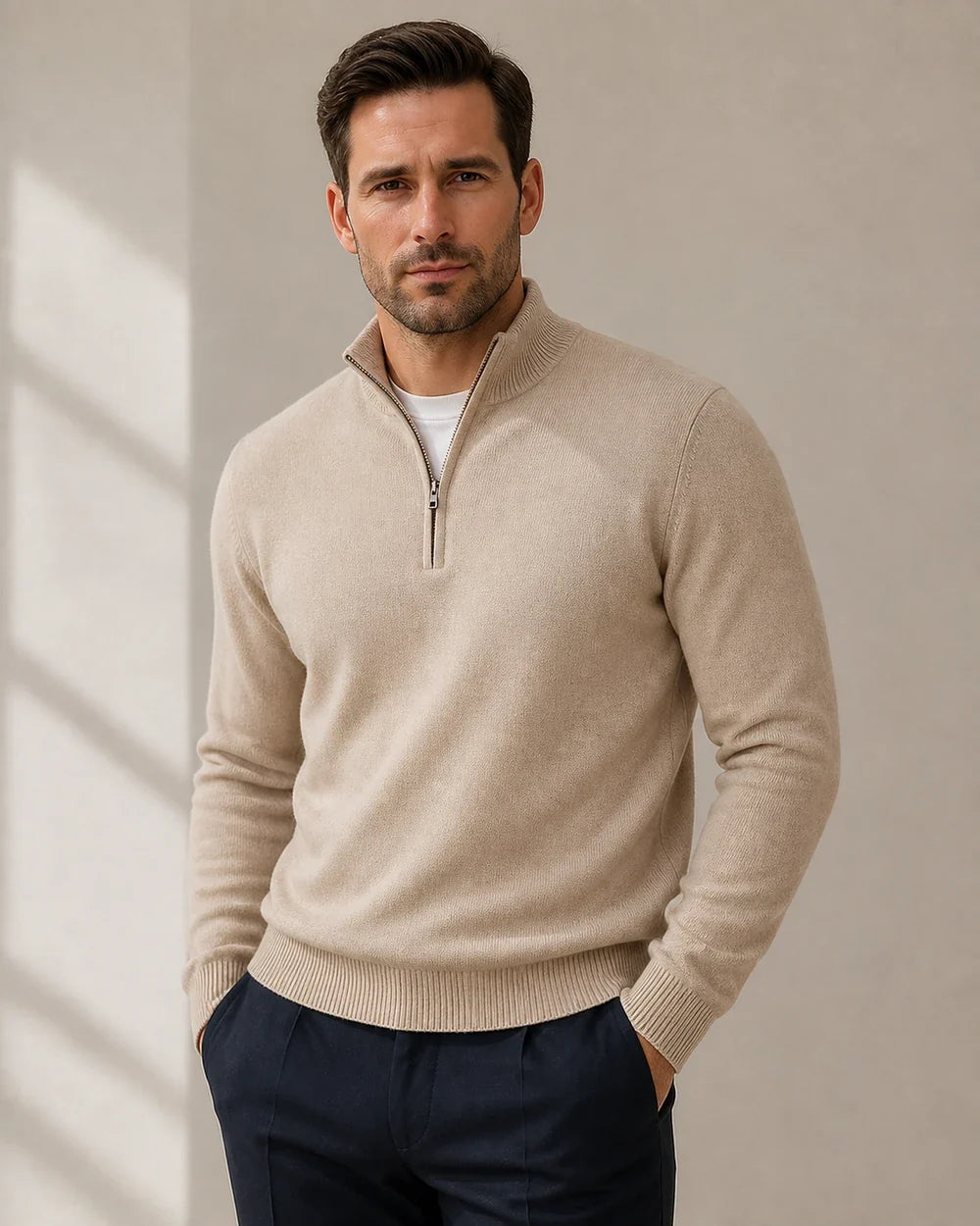 momount men quarter zip sweater light brown 17 hero