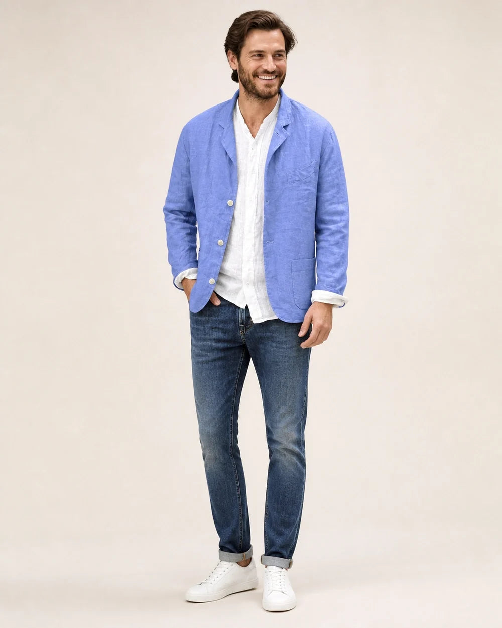Men's casual cotton-linen three-button blazer – 01 blue hero