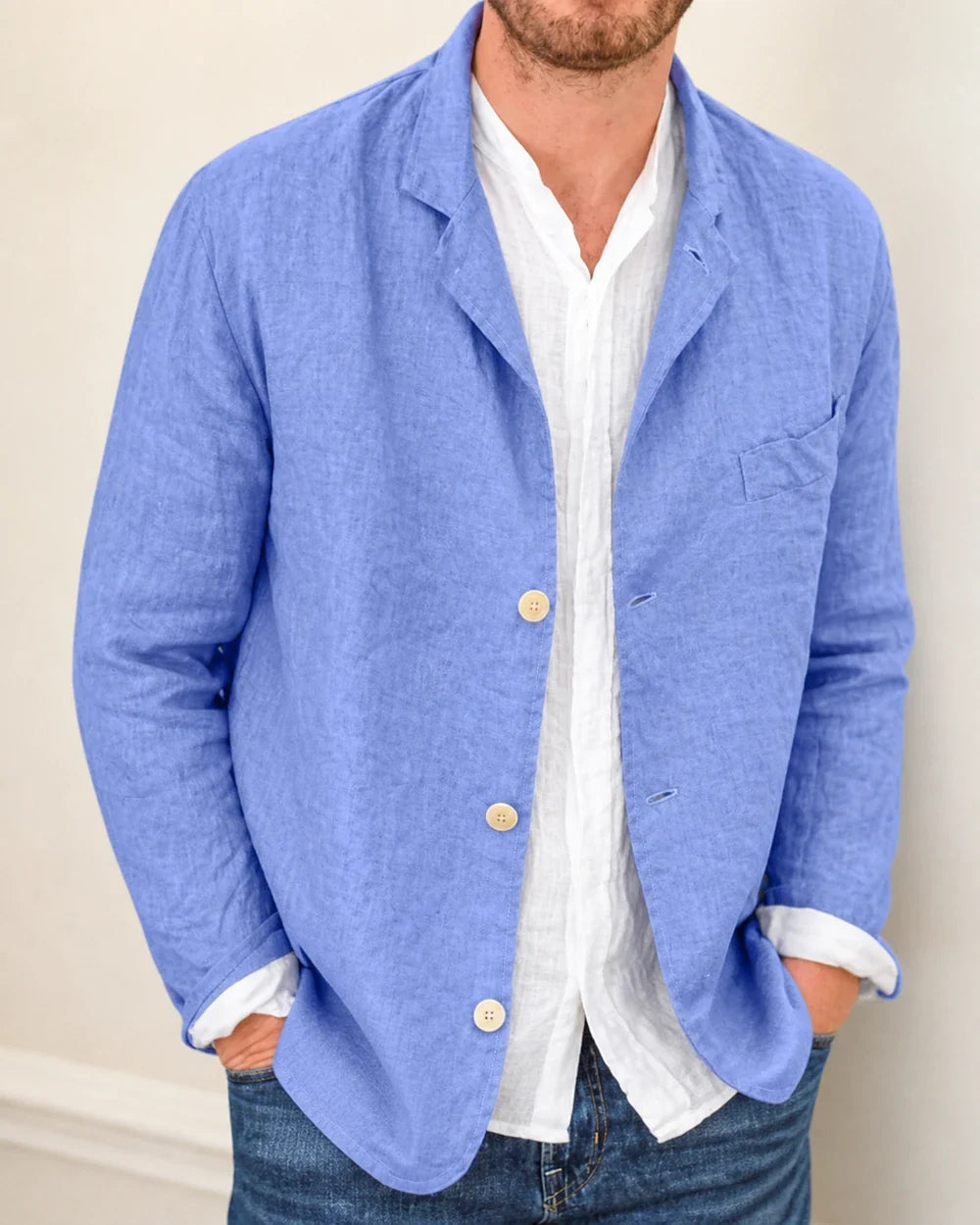 Men's casual cotton-linen three-button blazer – 05 blue detail