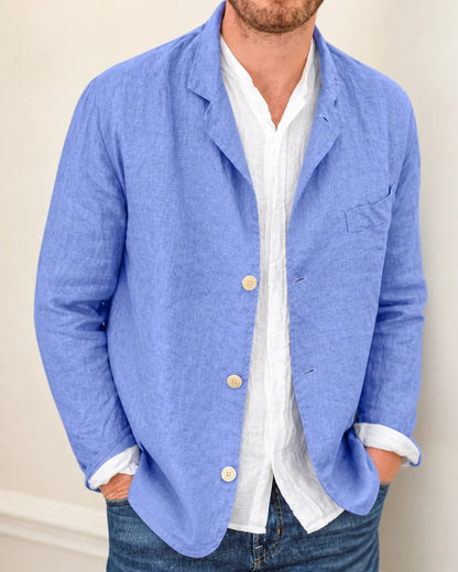 Men's casual cotton-linen three-button blazer – 05 blue detail