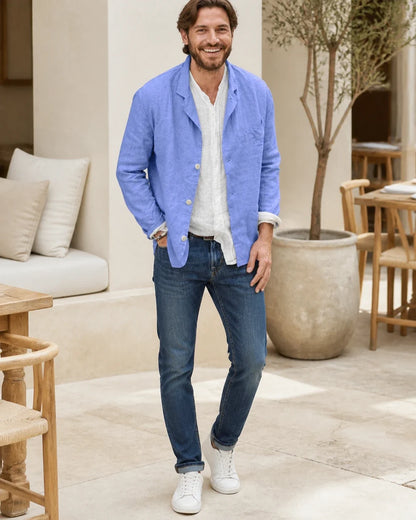 Men's casual cotton-linen three-button blazer – 07 blue lifestyle