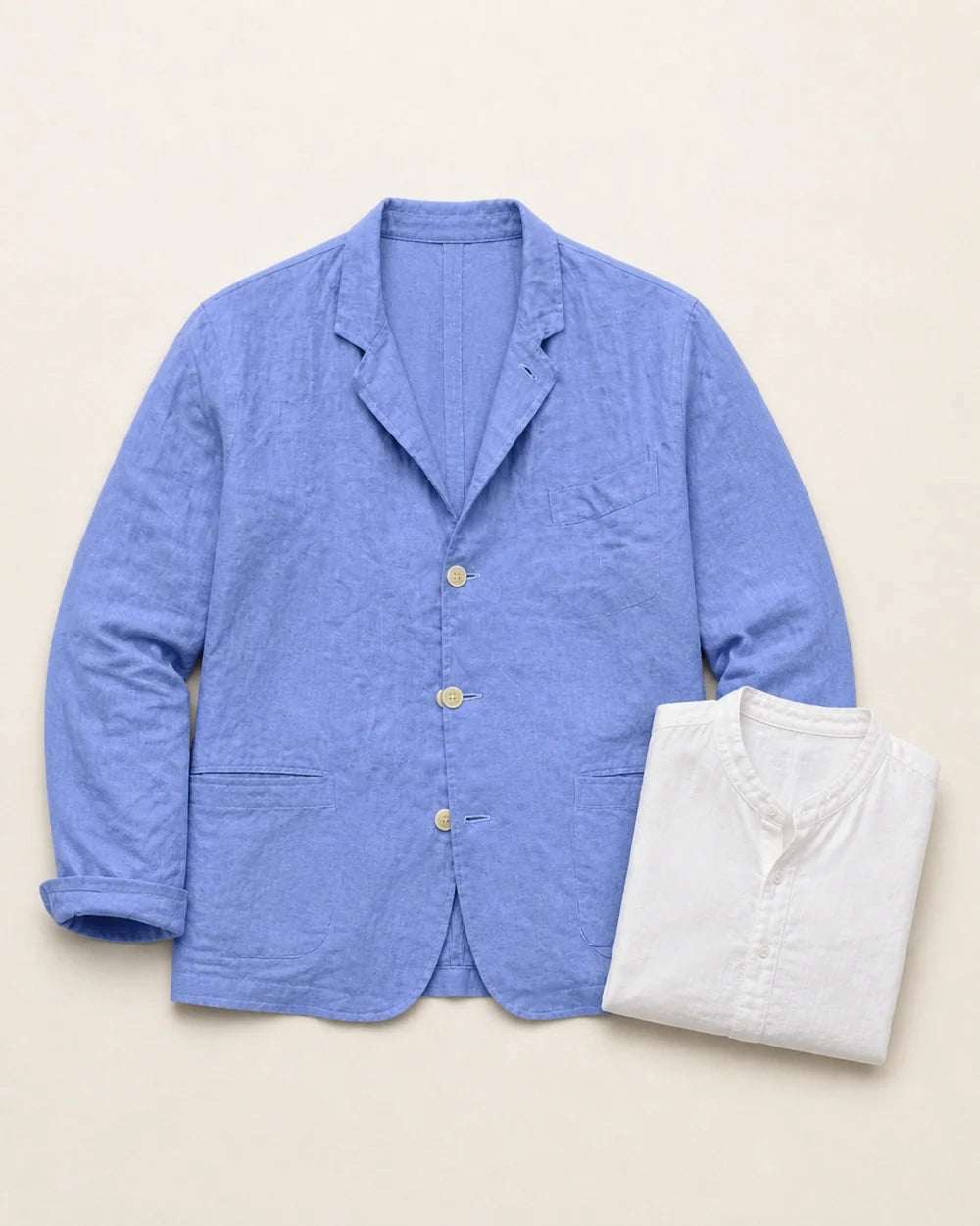 Men's casual cotton-linen three-button blazer – 08 blue flatlay