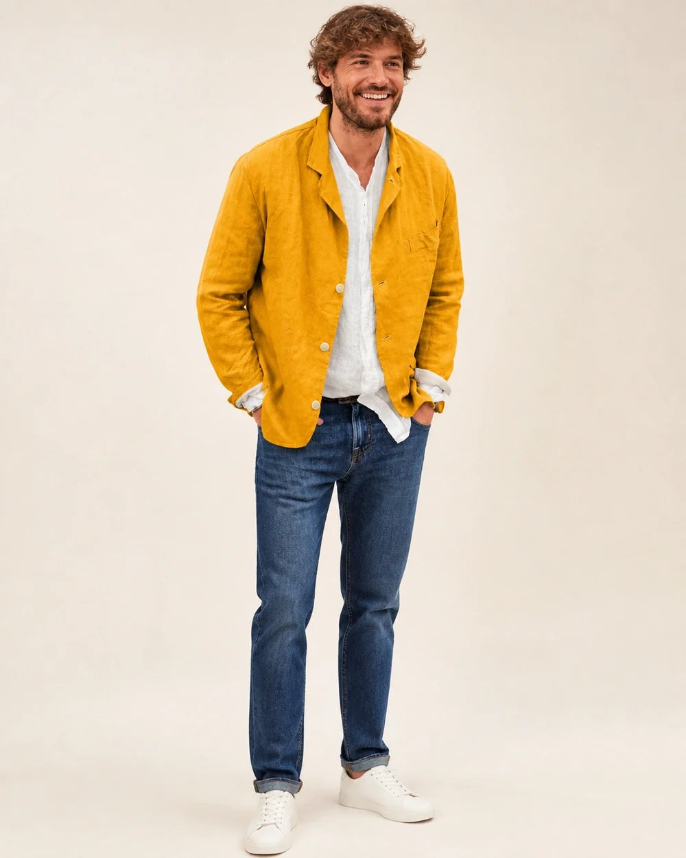 Men's casual cotton-linen three-button blazer – 09 yellow hero