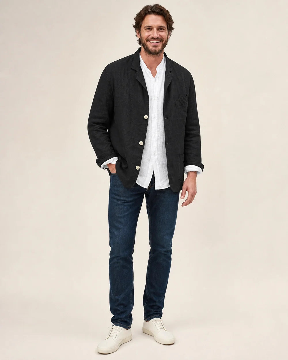 Men's casual cotton-linen three-button blazer – 11 black hero