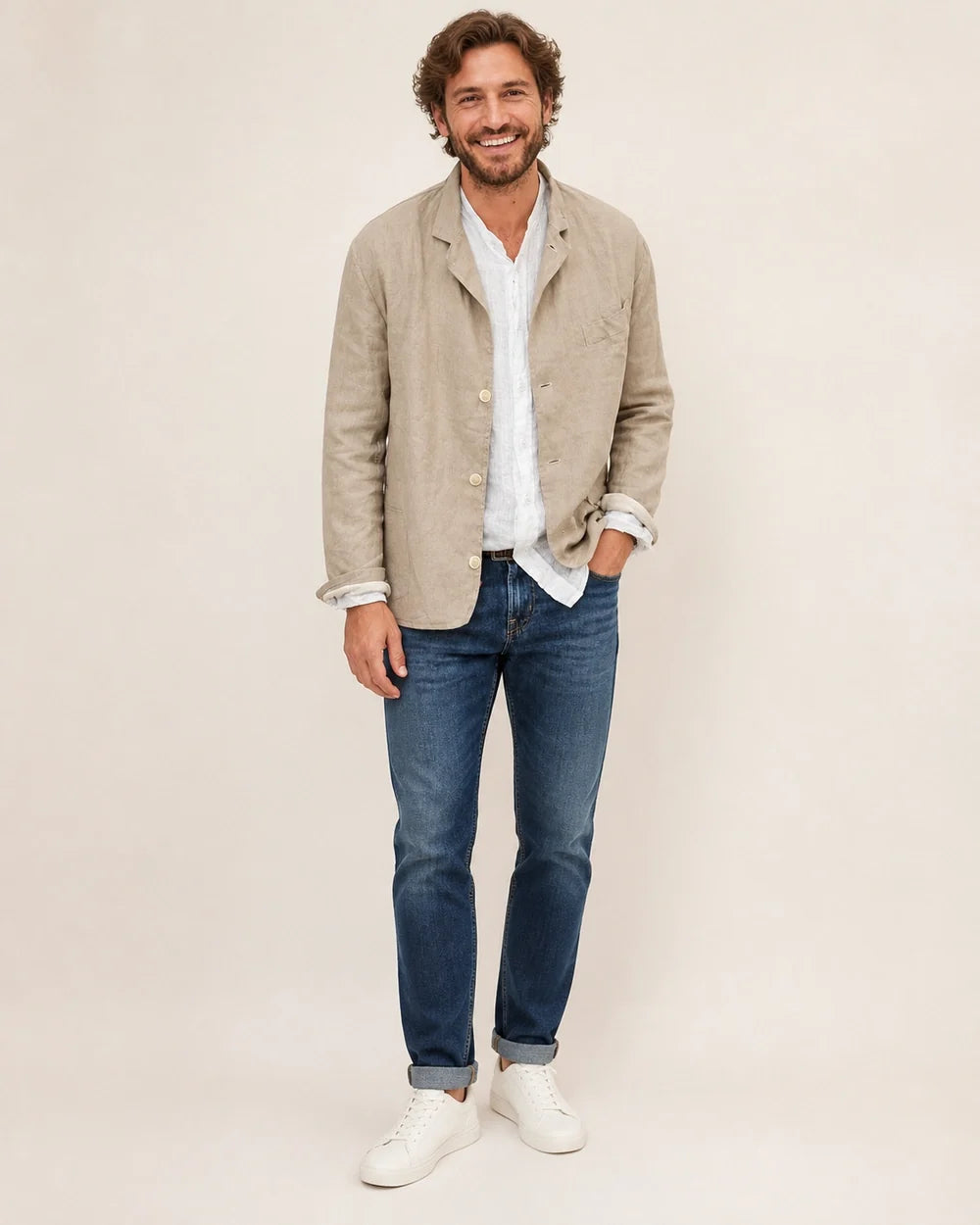 Men's casual cotton-linen three-button blazer – 12 khaki hero