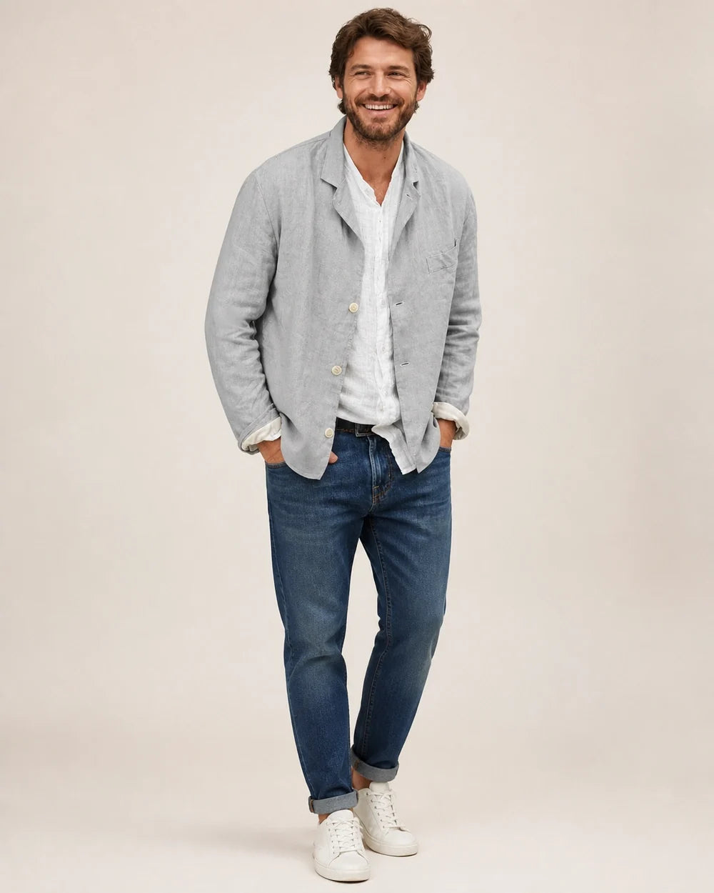 Men's casual cotton-linen three-button blazer – 13 grey hero