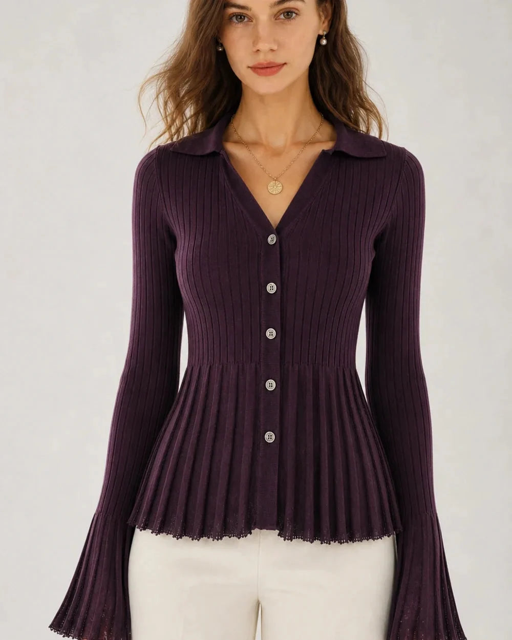 Purple button-front polo cardigan, straight front fit.