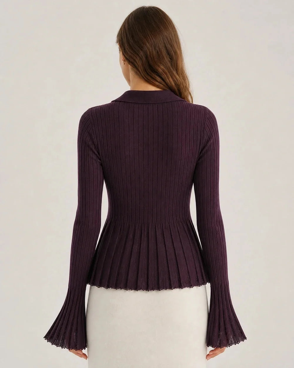 Purple ribbed polo cardigan with flared hem, rear view.