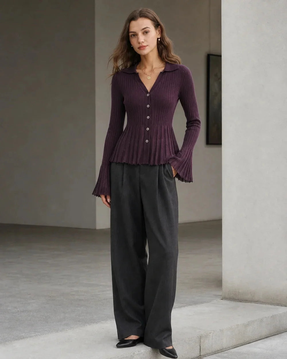 Purple fitted ribbed cardigan with a second formal outfit.