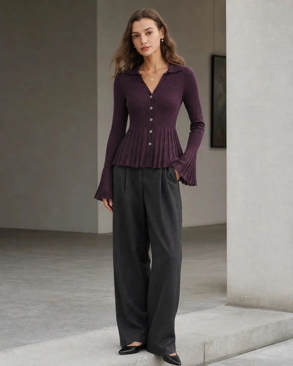 Purple fitted ribbed cardigan with a second formal outfit.