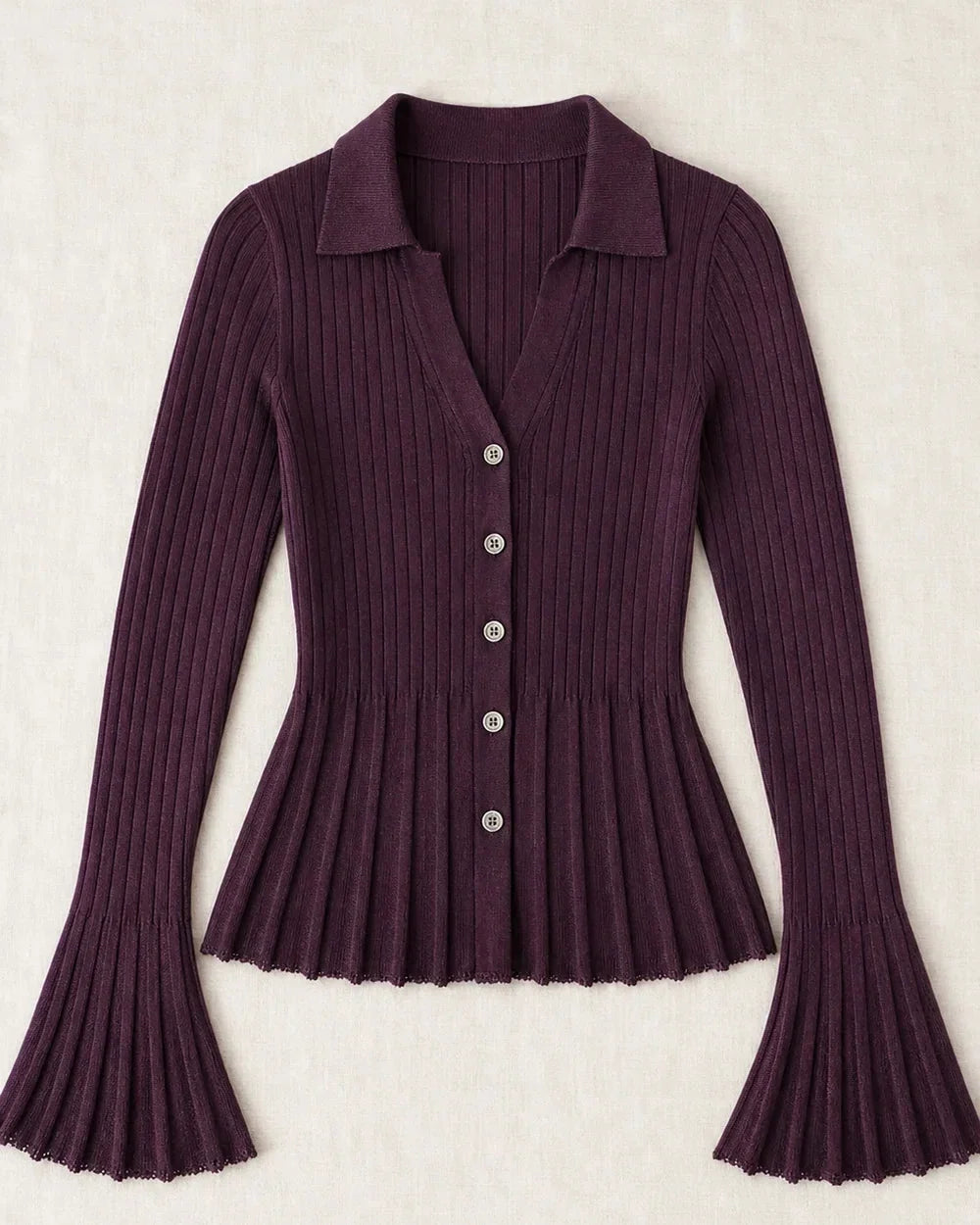 Purple ribbed polo-collar cardigan, clean product-only flat lay.