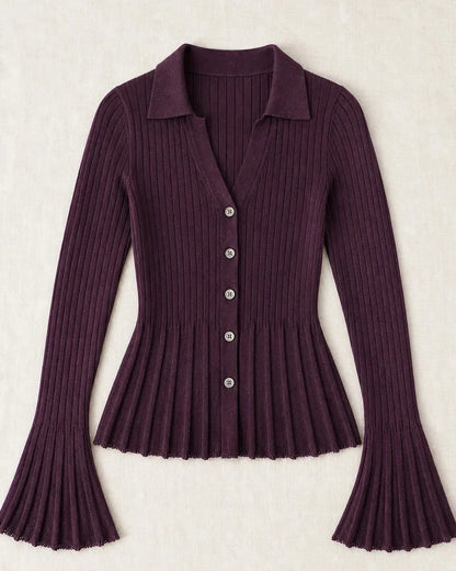 Purple ribbed polo-collar cardigan, clean product-only flat lay.