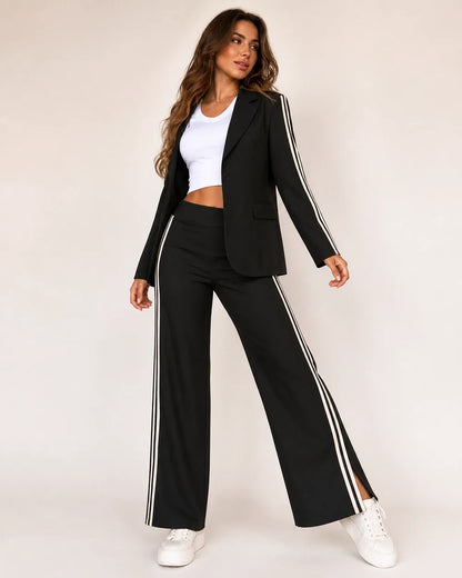 Women's striped relaxed blazer and wide-leg trousers set – 03 black three quarter