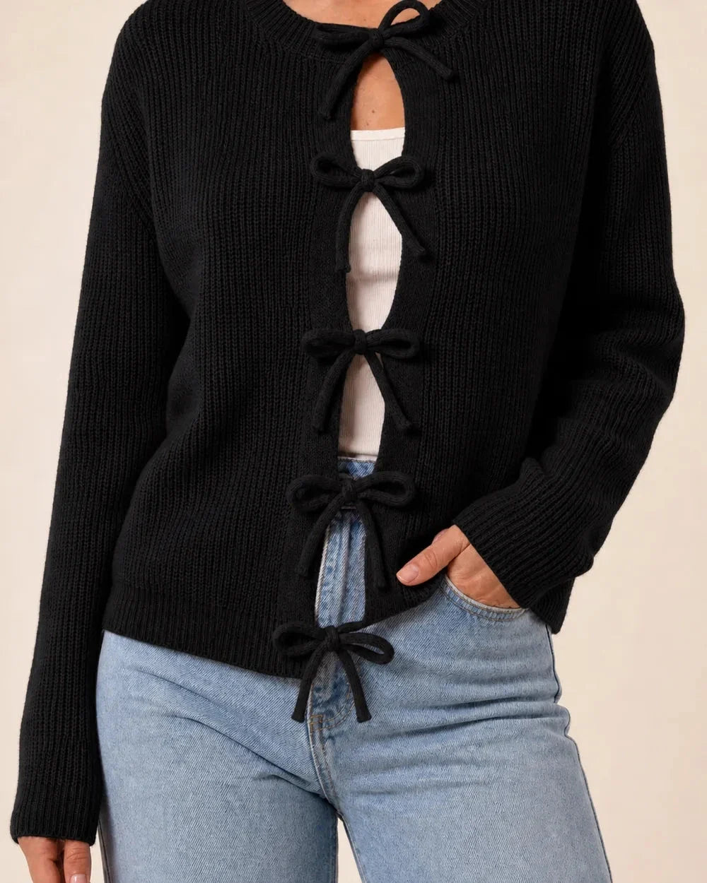 Black tie-front cropped cardigan for women, front hero view.