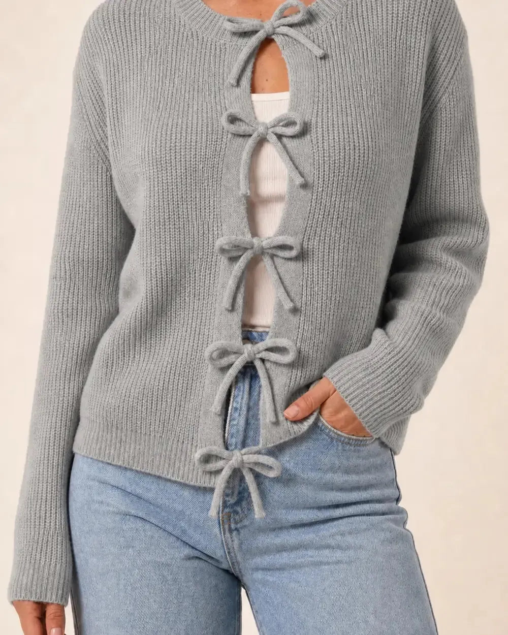 Grey tie-front cropped cardigan for women, front hero view.