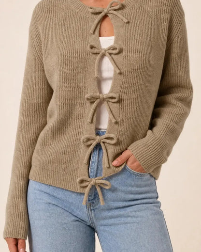 Khaki tie-front cropped cardigan for women, front hero view.