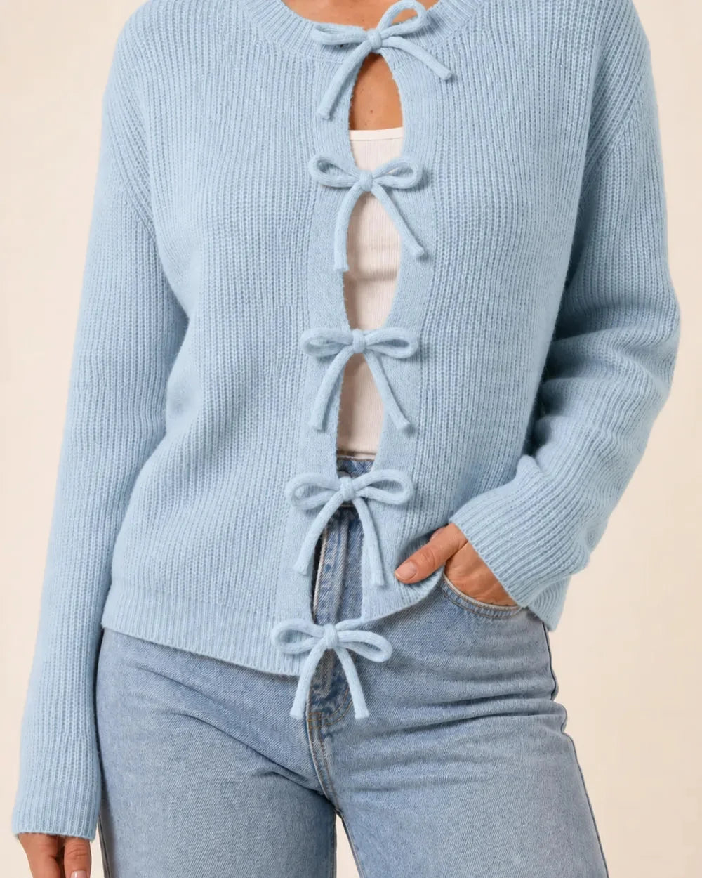 Light blue tie-front cropped cardigan for women, front hero view.