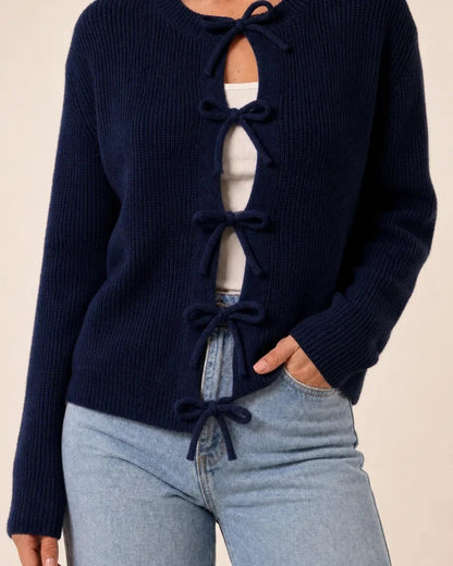 Navy blue tie-front cropped cardigan for women, front hero view.