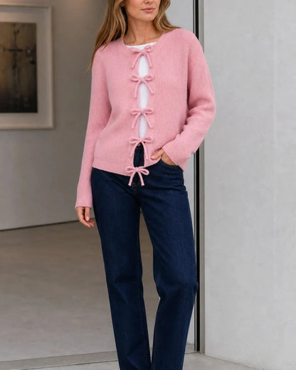 Pink tie-front cardigan with a second casual outfit.