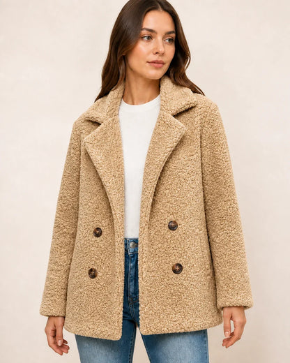 Beige double-breasted teddy coat worn, color view.