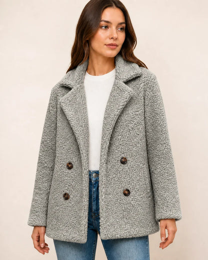 Light Grey double-breasted teddy coat worn, color view.