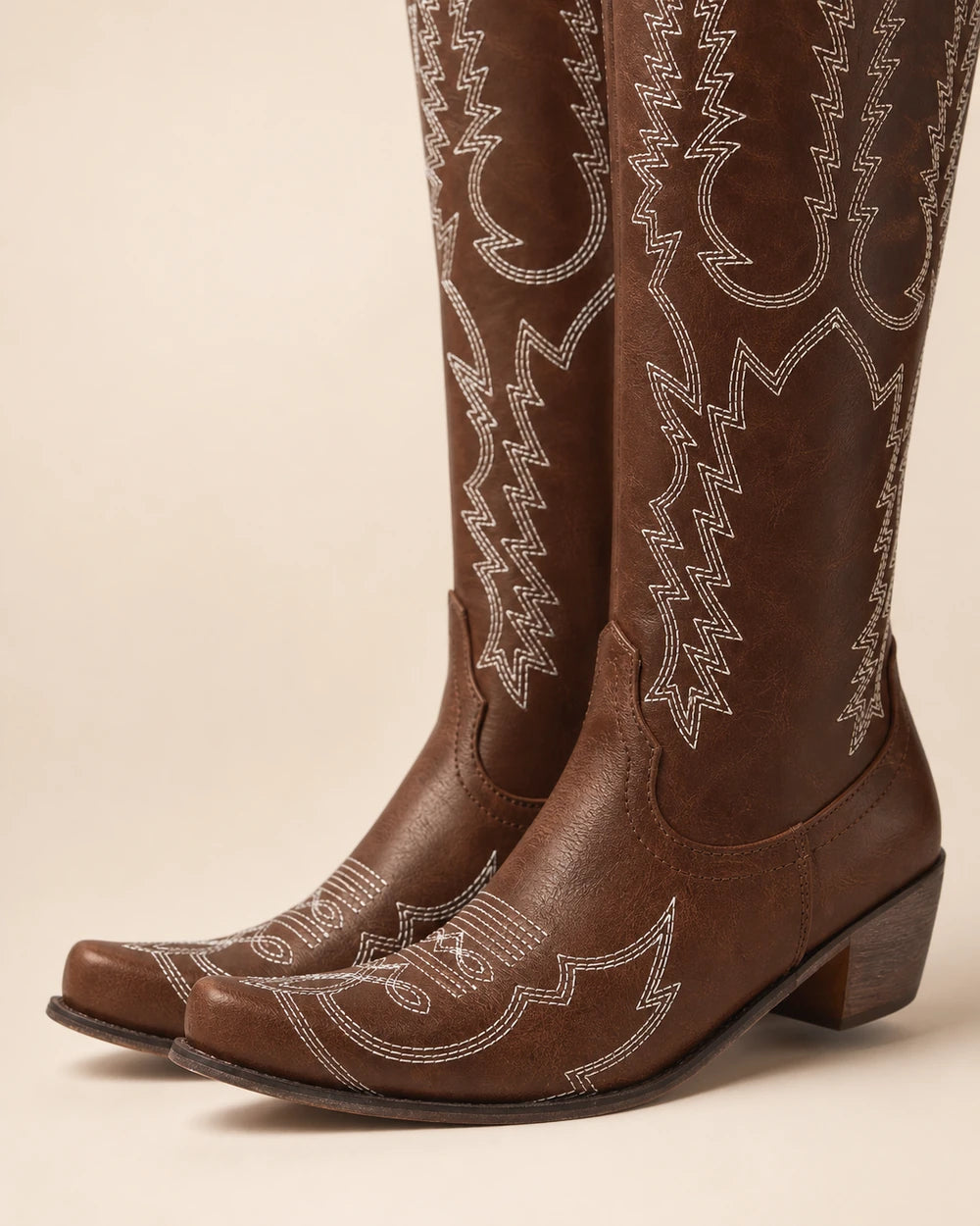 Momount Women Embroidered Western Knee-High Boots, brown, embroidery detail.