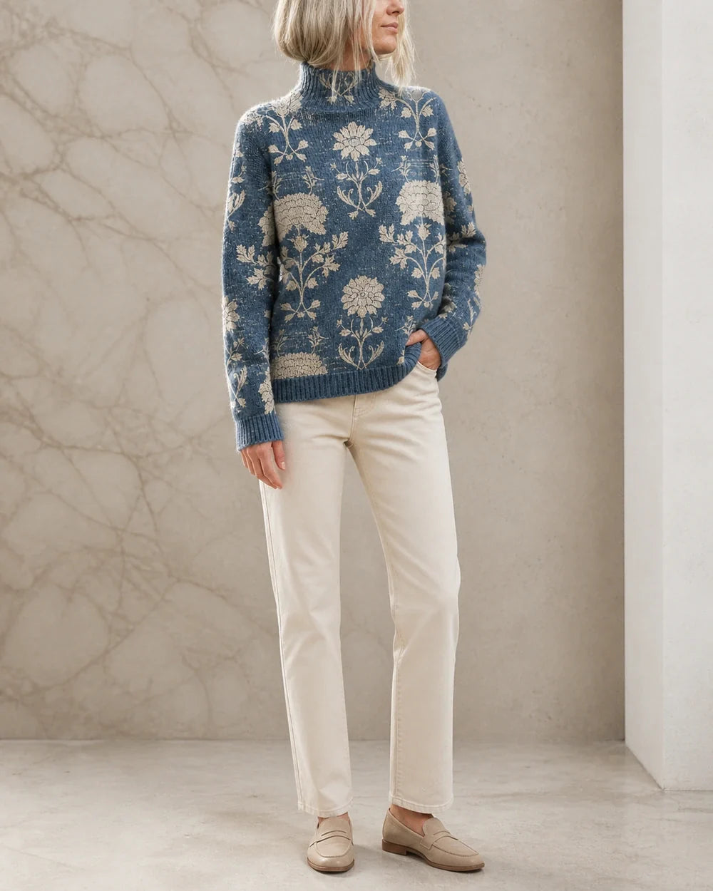 Women's slate blue floral turtleneck sweater, full-length styled view