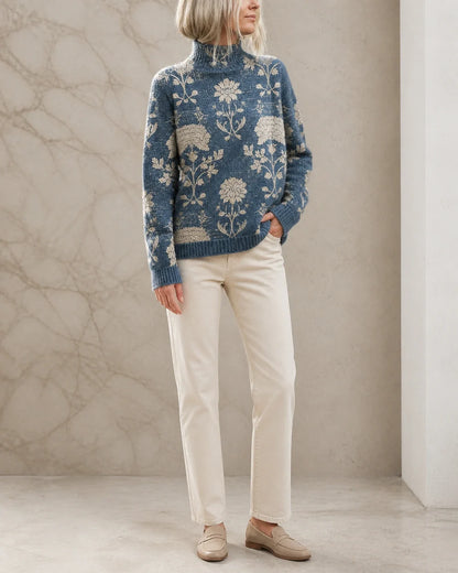 Women's slate blue floral turtleneck sweater, full-length styled view