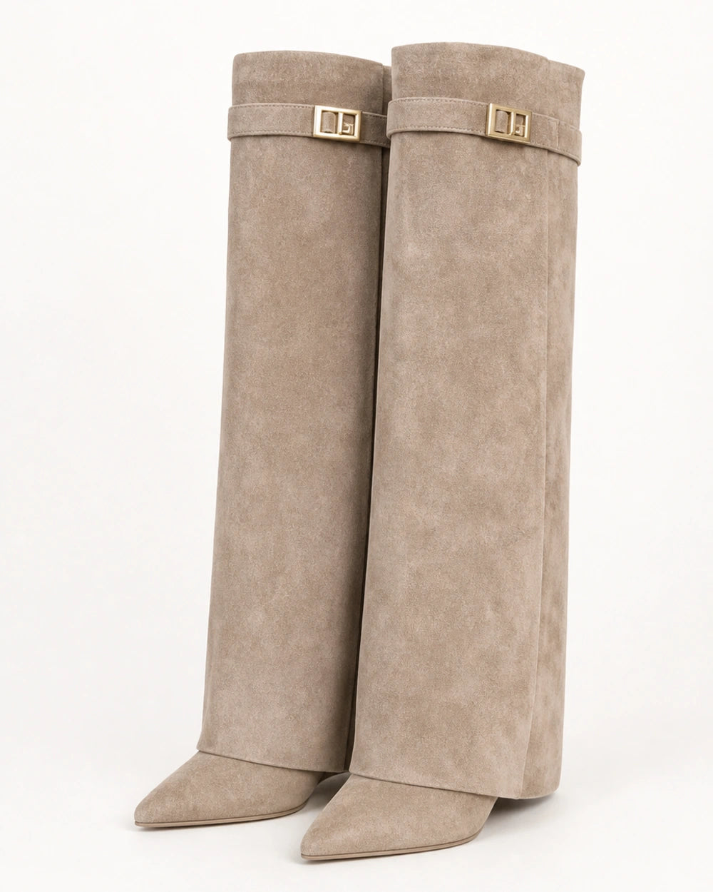 Momount Women Gold-Buckle Knee-High Boots – Pointed Toe, Hidden Wedge, beige, product only.