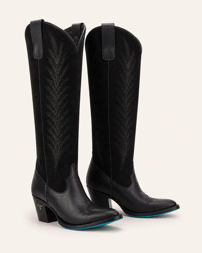 Jet-black leather and suede Western knee-high boots, product-only view