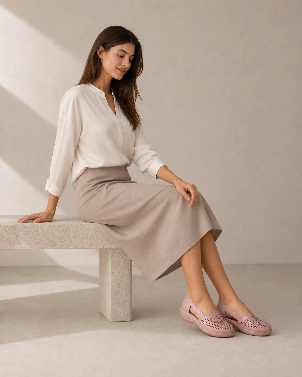 Women's light pink comfort shoes, alternate skirt styling.