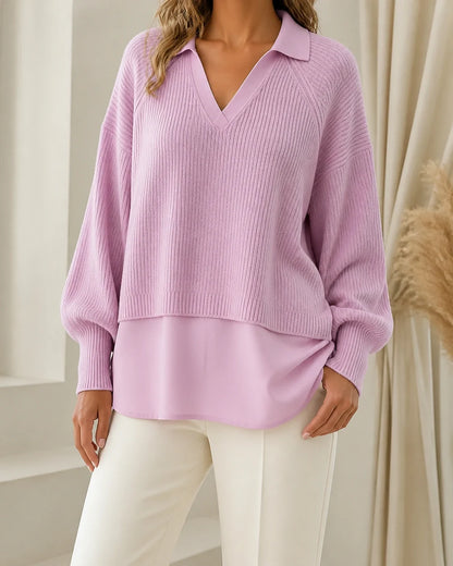 Women's pink layered-look ribbed sweater, worn front hero