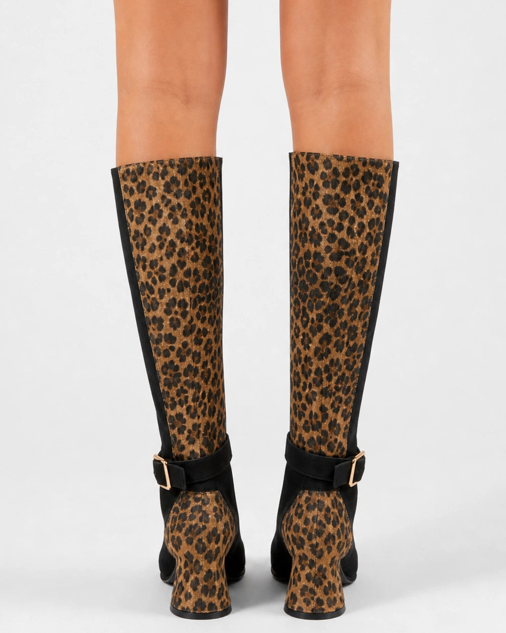 Momount Women Leopard Knee-High Boots – Buckle Strap, Block Heel, leopard print, rear view.