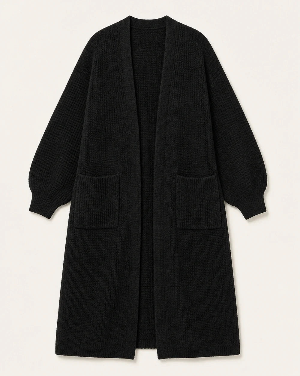 Women's long open knit cardigan, black flatlay