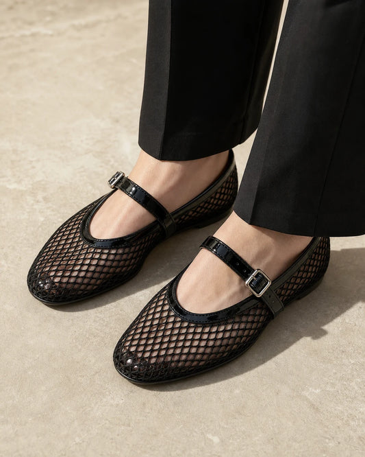 Women's black mesh Mary Jane ballet flats — image 1 — momount-women-mesh-ballet-flats-black-01-hero.webp
